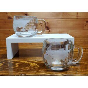 Vintage Mid Century Nestle Nescafe World GLOBE Etched Clear Glass Coffee Mugs